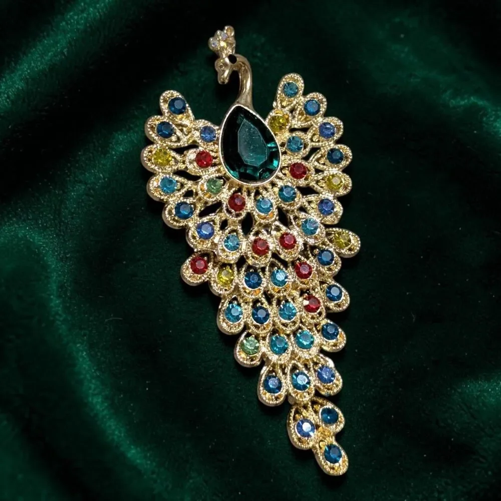 Colorful Rhinestone Peacock Brooch, Gold Tone, Maximalist Statement Bird Pin